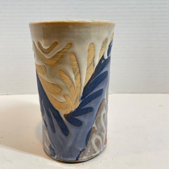 Handcrafted Ceramic Tumbler With Abstract Multicolor Design 6" Tall By Local Pot - Picture 3 of 9